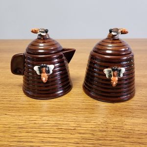 Vintage Japanese Redware Ceramic Bee Hive Sugar and Creamer Set